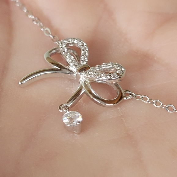 💎CERTIFIED MOISSONITE Diamond Inlay Bow Necklace 18kg/925 sterling silver GRA - Picture 3 of 16